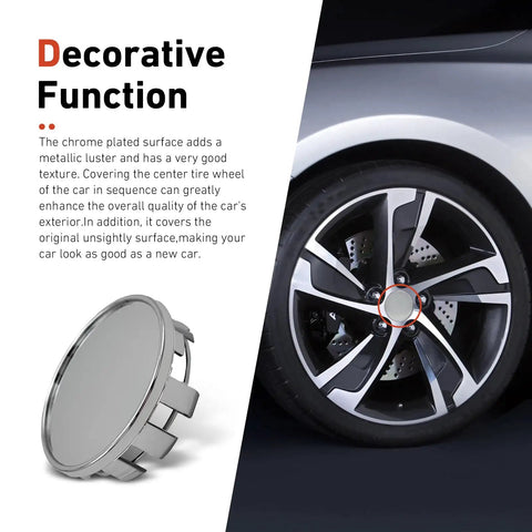 Level Up Your Ride With Premium Silver 4 Pcs Wheel Center Caps Universal Fit For Trucks And Suvs Snap In Rim Hub Covers ABS Build close-up of a chrome wheel center cap next to a car wheel.