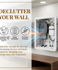 Ultra Slim In Wall Media Box With Straight Up Hassle Free Cable Routing For Streaming Players Smart Gear showcasing device organization and clean wall setup.