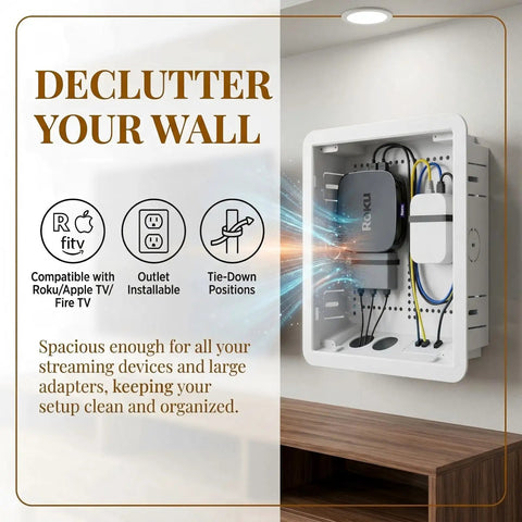 Ultra Slim In Wall Media Box With Straight Up Hassle Free Cable Routing For Streaming Players Smart Gear showcasing device organization and clean wall setup.