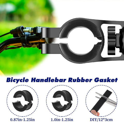 12 Piece Bike Handlebar Gasket Kit With Spacers Anti Vibration showcasing black silicone gaskets on handlebars outdoors