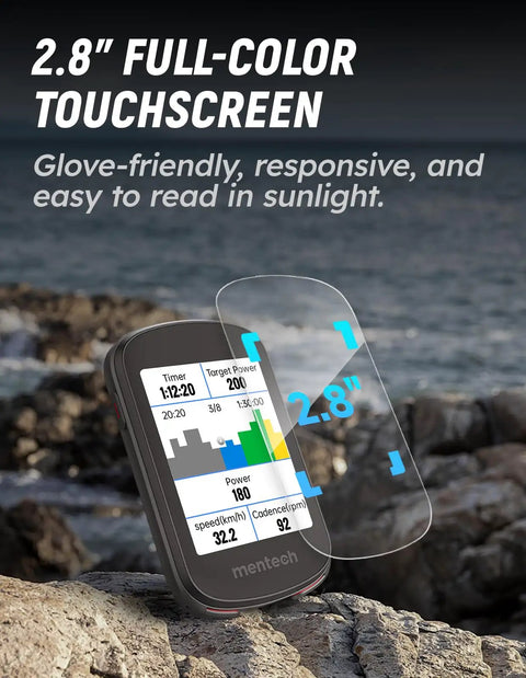 Avant 700 GPS Bike Computer with 2.8 inch touchscreen, dual band satellite tracking, shown on rocky background.