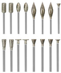 Diamond Burr Bit Set For Stone Carving And Engraving With One Eighth Inch Shank, showing various shapes for rotary tools.