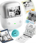 B2 Pro Label Maker With Bluetooth, 300 DPI Sticker Printer, Ultra Portable 348g, showing printed photos and labels, one touch printing