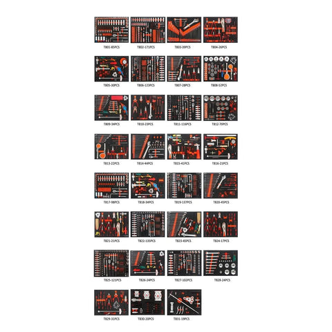 Multiple tool sets including 198 Piece Combination Tool Kit With Drawer Wrench, Four Hex Drill Bit Sockets, toolbox, and handcart cabinet