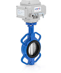 Snag This Badass 12 Inch Wafer Butterfly Valve With 24V DC Electric Actuator For Heavy Duty Industrial Flow Control Featuring Stainless Steel Disc And Reliable EPDM Seal For Water Services view showing blue body and actuator.