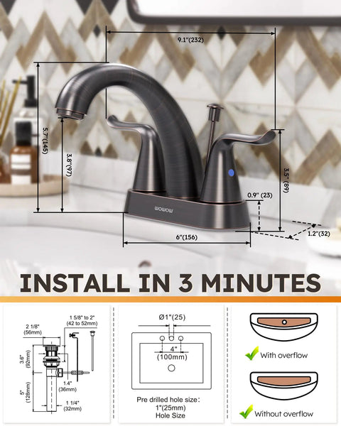 Diagram showing dimensions of Oil Rubbed Bronze 4 Inch Centerset Bathroom Faucet with two handles and lift rod drain assembly.