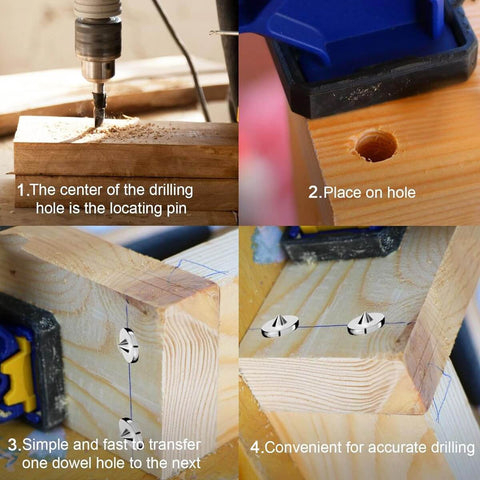 Pro Woodworking Dowel Locator Kit 16 Piece Center Point Dowel Transfer Plugs Set used for aligning drill holes in wood.