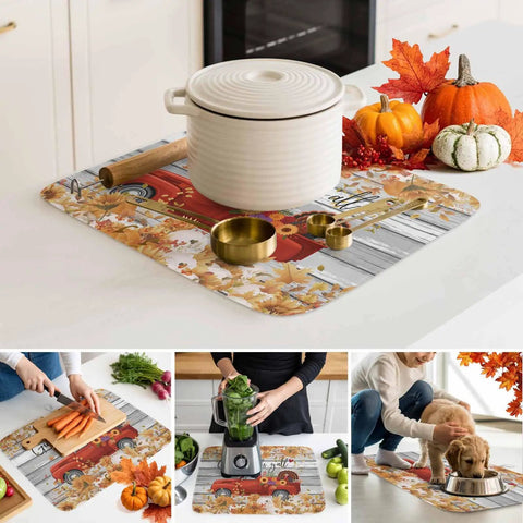Set Of 2 Absorbent Microfiber Dish Drying Mats For Kitchen Counter 16 X 18 Inches Machine Washable Fall Autumn Thanksgiving Sunflower Red Truck Wood Grain Design Cozy Holiday Decor And Durable Non Slip Pad in kitchen setting with cookware and decorations.