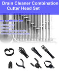9 Piece Badass Drain Snake Drill Attachment Root Cutter For 5/16 To 3/4 Inch Cable showing cutter heads and plumbing pipes.