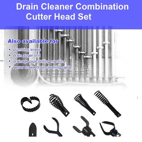9 Piece Badass Drain Snake Drill Attachment Root Cutter For 5/16 To 3/4 Inch Cable showing cutter heads and plumbing pipes.