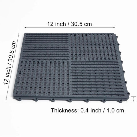 9 Pack 12 Inch Square Interlocking Floor Tiles With 0.4 Inch Thick Dark Gray Non Slip Mats And Drainage Grooves for wet areas.