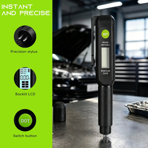 Hella Accurate Brake Fluid Tester Pen With Built In Alarm Warning For Quick Water Content Checks On Dot3 Dot4 Dot5.1 Hydraulic Systems And Rust Resistant Probe, featuring backlit LCD and precision stylus.