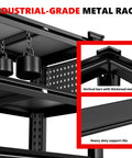 Ultra Heavy Duty 5 Tier Garage Shelving With Double Steel Legs And Two Side Pegboards Standing Rock Solid For Basement Pantry Workspaces showing industrial-grade metal rack with heavy-duty support.