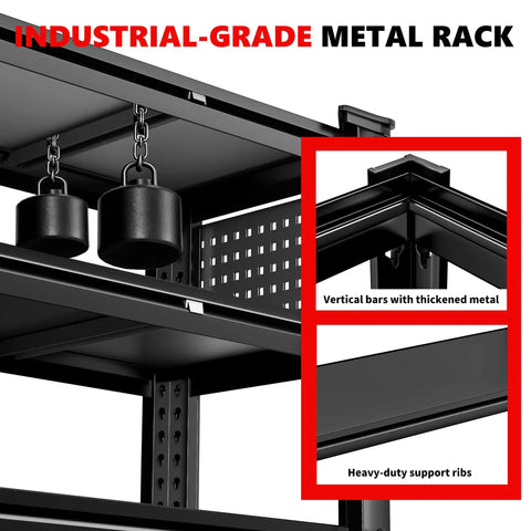 Ultra Heavy Duty 5 Tier Garage Shelving With Double Steel Legs And Two Side Pegboards Standing Rock Solid For Basement Pantry Workspaces showing industrial-grade metal rack with heavy-duty support.