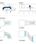 Installation guide for 6 Inch Black Flexible HVAC Ducting, 16 Ft Long, showing bathroom and kitchen setup with fitting steps.