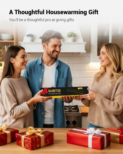 People exchanging a Magnetic Knife Holder For Wall And 16 Inch Acacia Wood Knife Strip as housewarming gift