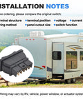 Installation notes for Super Handy Momentary Rocker Switch For Your Rv Camper Slide Out System Features Five Pin Inline Terminal Setup Handles 12 To 24 Volt Dc With Five To Fifteen Amp Rating For Reliable Motor Control, shown with RV
