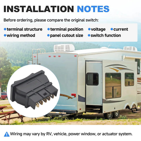 Installation notes for Super Handy Momentary Rocker Switch For Your Rv Camper Slide Out System Features Five Pin Inline Terminal Setup Handles 12 To 24 Volt Dc With Five To Fifteen Amp Rating For Reliable Motor Control, shown with RV