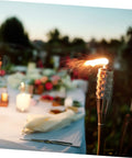 Two Pack Outdoor Tiki Torch Lights for Pathway Lighting by table, woven look, random color, outdoor party, garden ambiance.