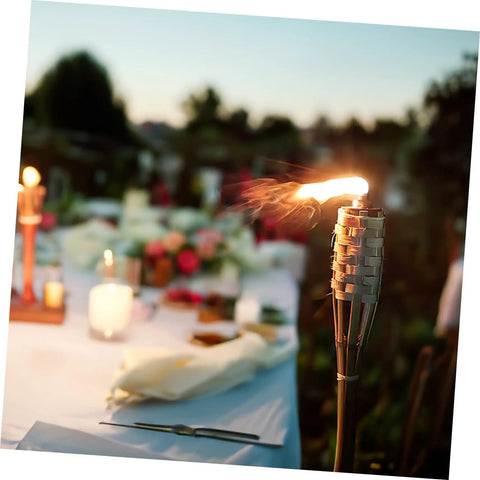 Two Pack Outdoor Tiki Torch Lights for Pathway Lighting by table, woven look, random color, outdoor party, garden ambiance.