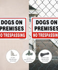 Two Pack Dogs On Duty Warning Signs on wall and fence, 10x7 inches, heavy gauge reflective aluminum, no trespassing.