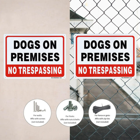 Two Pack Dogs On Duty Warning Signs on wall and fence, 10x7 inches, heavy gauge reflective aluminum, no trespassing.