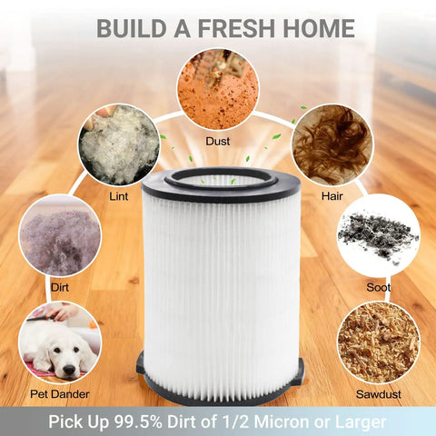 VF4000 Replacement H13 HEPA Filter For Wet Dry Shop Vacuums capturing dust, lint, hair, pet dander, soot, sawdust, and dirt