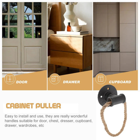 Vintage Black Iron Rope Cabinet Pulls Set for Rustic Kitchen Drawers and Doors with Metal Loop Knobs Retro Cupboard Hardware