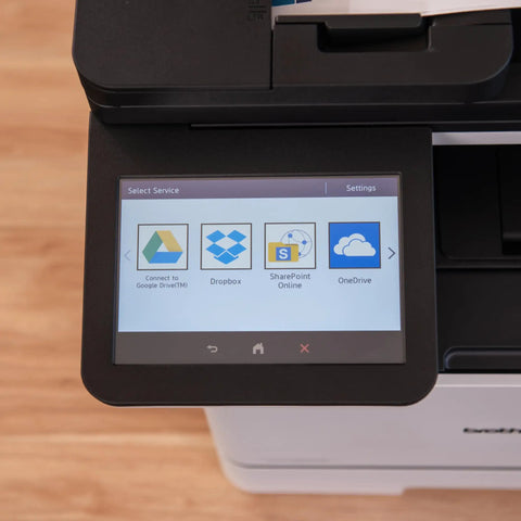 Close-up of the color laser all-in-one printer with duplex printing, scan, and copy, displaying document cloud service options.