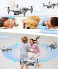 Compact Drone With 1080P HD Camera showing waypoints and circle fly modes with kids and a dog, suitable for beginners, gray