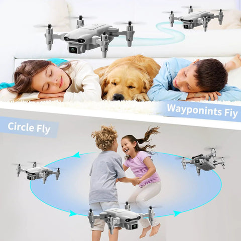 Compact Drone With 1080P HD Camera showing waypoints and circle fly modes with kids and a dog, suitable for beginners, gray