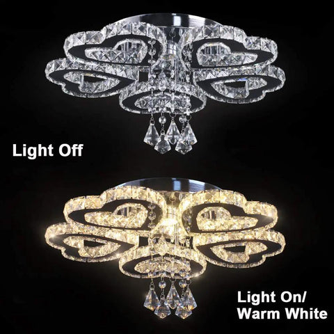Dope Crystal Flower Chandelier LED Ceiling Light Modern Flush Mount 13.4 Inch Diameter Cool White 6000K light on and off view