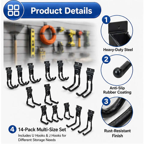 Heavy Duty Slatwall Hook Set 14 Pack For Garage Organization And Tool Storage, Ultra Durable Steel hooks with rubber coating