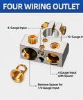 All-In-One Battery Terminal Hub For 12V Accessories With 0/2/4/6/8/10 AWG Capability, Zinc Alloy Post Connectors, Easy Install And No Splicing, Lets You Hook Up Car Audio, LED Light Bars, Winches And More. 4-gauge input with spacer