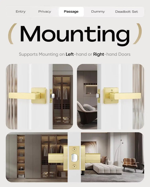 6 Pack Keyless Interior Door Handles With Passage Door Lever In Light Satin Brass Finish for hallway mounting options