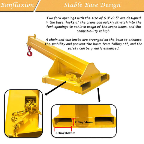 Heavy Duty Forklift Jib Boom Crane With Four Ton Capacity Telescopic Steel Boom For Warehouse Rigging base design showing fork openings and safety features.