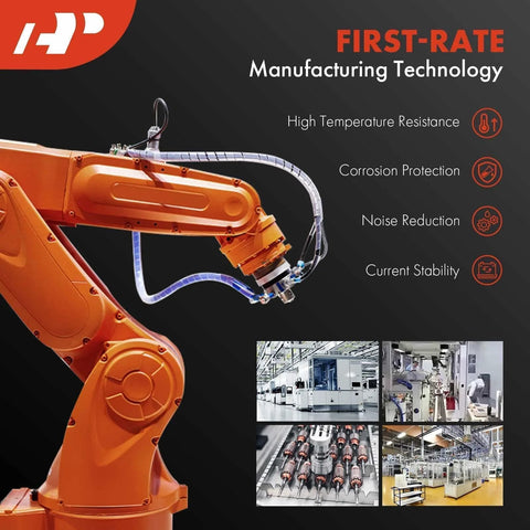 Industrial robotic arm with manufacturing technology icons, highlighting high temperature resistance, corrosion protection, and noise reduction.