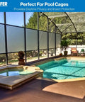 Super Tough Vinyl Mesh Roll Delivers Hella Private Screens For Pool Enclosures And Lanais in a sunny pool area with patio seating.