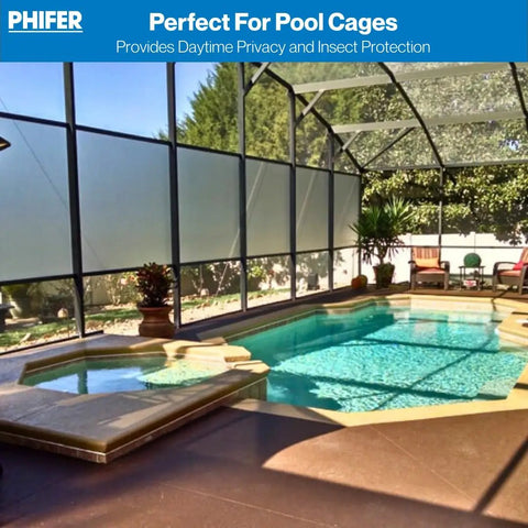 Super Tough Vinyl Mesh Roll Delivers Hella Private Screens For Pool Enclosures And Lanais in a sunny pool area with patio seating.