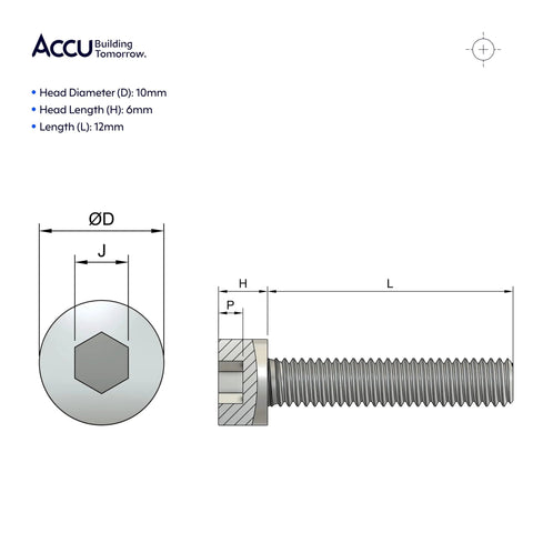 Accu M6 x 12mm full-thread cap head screw DIN 912, high-tensile steel (12.9), pack of 20