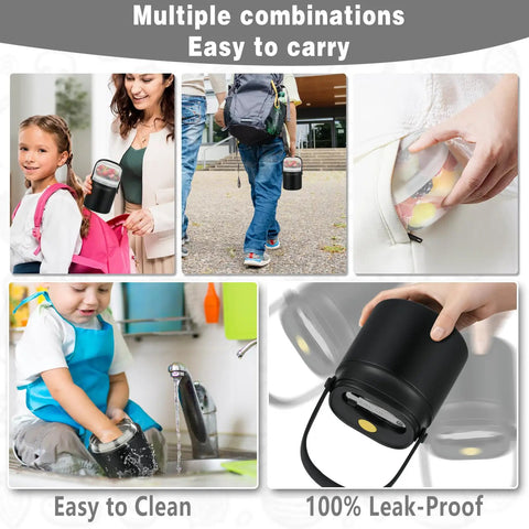 Keep It Sizzling Hot Soup Thermos With Secure Split Snack Cup Grab And Go Leak Free Insulated Lunch Jar For Kids And Adults Stainless Steel Double Wall Vacuum Food Container With Spoon Black being used by a child and adult.