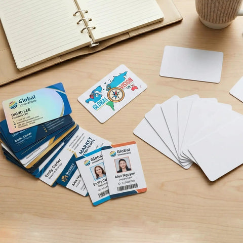 Top Shelf Blank PVC Cards CR80 Size White Plastic Zero Gripes Printing On Every Mainstream ID Badge Machine Thirty Mil Thick on a desk.