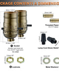 Package contents and dimensions for Heavy Duty Push On Off Light Socket With Medium Screw Base For Floor And Table Lamps.
