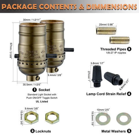 Package contents and dimensions for Heavy Duty Push On Off Light Socket With Medium Screw Base For Floor And Table Lamps.