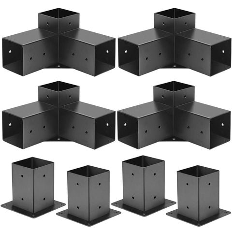 Four Pack 3-Way Right Angle Pergola Brackets With Post Base For 4x4 Beams, Easy Install Wood Pergola Kit components displayed