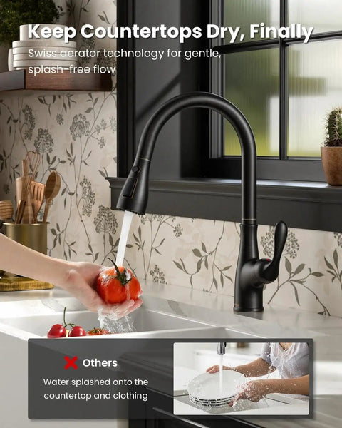 Oil Rubbed Bronze Kitchen Faucet With Pull Down Sprayer Single Handle High Arc Pull Out Spray Head Deck Plate Included cUPC Certified Hose Water Supply And Valve Kit For Easy Durable Kitchen Upgrade being used to wash a tomato in a modern kitchen setting.