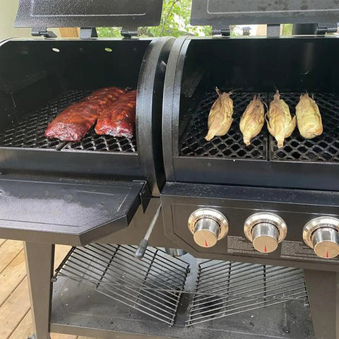 Heat Plate And Burner Kit For Pit Boss Pro Series 1100 Wood Pellet And Gas Combo Grill Stainless Steel Burner Tube And Heat Plate Replacement Parts To Keep Your Grill Running Smooth, shown in use with corn and meat grilling