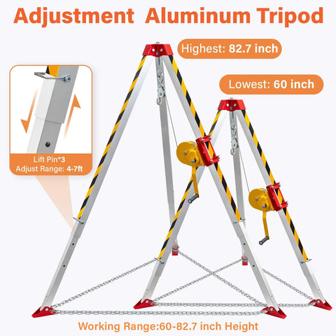 Rugged Pro Grade Confined Space Tripod Kit showing adjustable aluminum tripod with 82.7 inch max height and 60 inch lowest setting.