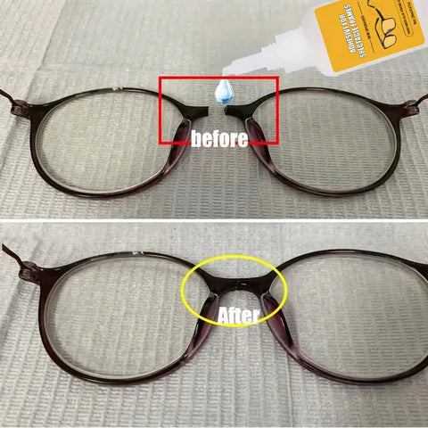 Eyeglasses Temples Repair Glue 20ml Quick Bonding for Metal and Resin Frames before and after repair view with adhesive application.