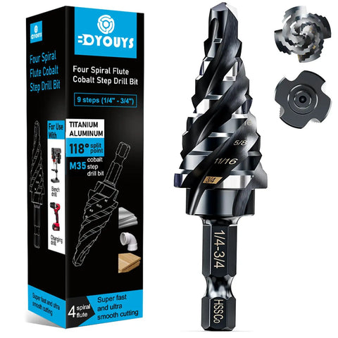Cobalt Step Drill Bit Set 1/4 To 3/4 Inch With 1/4 Inch Hex Shank, 9 Sizes, Unibit, Impact Resistant For Stainless Steel, Spiral Flute